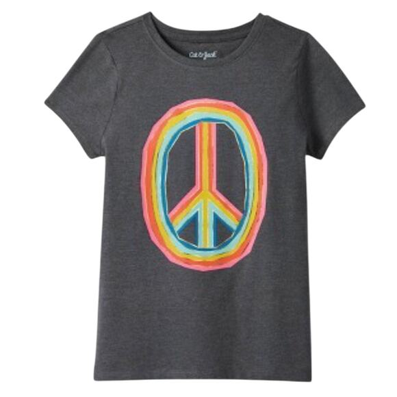 Peace Sign Graphic T-SHIRT Short Sleeve Girls LG 10/12 Rainbow Tee Top Grey NWT - Picture 2 of 4